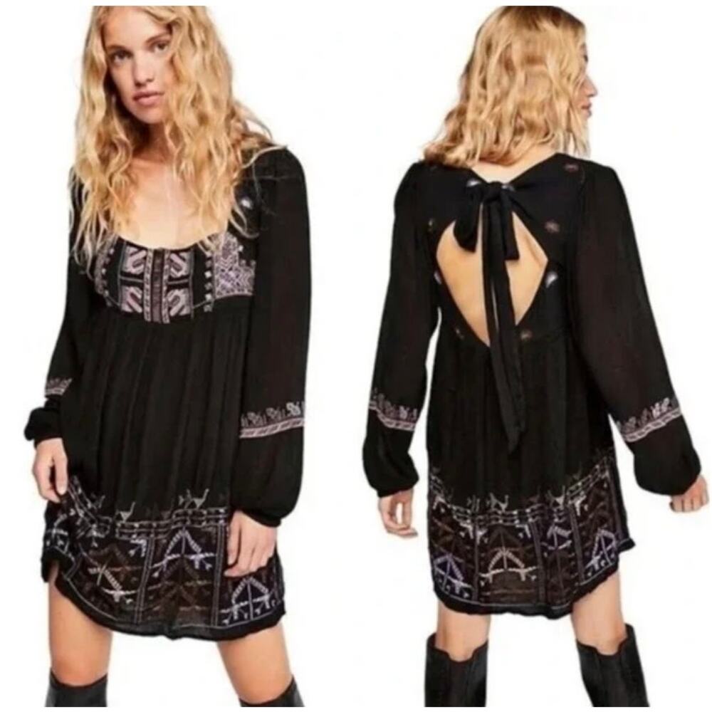 Free People Rhiannon Embroidered Open Back Mini Dress XS Black Long Sleeve Boho
